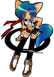 Rule 34 | 1girl, animal ears, blade (galaxist), blue eyes, blue hair, cat ears, cat girl, cat tail, female focus, fingerless gloves, gloves, headband, matching hair/eyes, midriff, short hair, solo, tail, thighhighs, torn clothes, white background