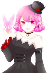 Rule 34 | 1girl, bare shoulders, black choker, black detached sleeves, black dress, bug, butterfly, choker, detached sleeves, dress, elf, female focus, flower, frilled detached sleeves, frills, hair between eyes, hand up, hat, hat flower, highres, insect, jewelry, looking at viewer, lucid (maplestory), maplestory, neck, necklace, pink eyes, pink hair, pointy ears, short hair, simple background, smile, solo, strapless, strapless dress, white background