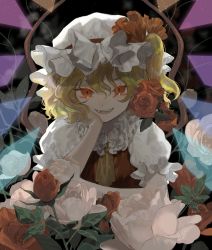 Rule 34 | 1girl, absurdres, ascot, black background, blonde hair, brown ribbon, carbonara hontyotyo, collared shirt, commentary, crystal, dress, eyes visible through hair, fang, fangs, flandre scarlet, flower, frills, grey flower, grey hat, grey rose, grey shirt, hair between eyes, hand on own face, hand up, hat, hat ribbon, highres, jewelry, leaf, looking at viewer, mob cap, multicolored wings, one side up, open mouth, puffy short sleeves, puffy sleeves, red dress, red eyes, red flower, red rose, ribbon, rose, shirt, short hair, short sleeves, sitting, smile, solo, symbol-only commentary, teeth, tongue, touhou, white flower, white rose, wings, yellow ascot