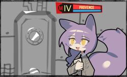 Rule 34 | 1girl, :3, :d, animal ears, arknights, character name, chibi, clipboard, crossover, ghost (tama), grey shirt, holding, holding clipboard, indoors, lobotomy corporation, long hair, long sleeves, open mouth, project moon, provence (arknights), purple hair, shirt, smile, solo, wolf ears, wolf girl, yellow eyes