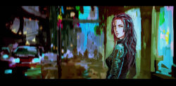 Rule 34 | 1girl, afi (arsenixc), arsenixc, blurry, city, depth of field, highres, jacket, letterboxed, long hair, looking back, neon lights, original, parted lips, purple hair, sketch, solo, yellow eyes