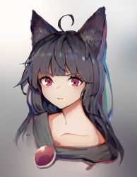 Rule 34 | 1girl, absurdres, ahoge, animal ear fluff, animal ears, black hair, blush, brooch, collarbone, commentary request, cropped shoulders, grey background, highres, imaizumi kagerou, jewelry, long hair, looking at viewer, onion (onion and pi-natto), portrait, red eyes, solo, touhou, wolf ears