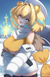 Rule 34 | + +, 1girl, :d, absurdres, alternate costume, bare shoulders, black thighhighs, blonde hair, blue eyes, blue hair, bombergirl, bow, breasts, clover-shaped pupils, colored tips, commentary, cowboy shot, english commentary, fang, fur trim, hair ornament, highres, large breasts, looking at viewer, multicolored hair, open mouth, oppai loli, outdoors, pine (bombergirl), psidubs, short hair, skin fang, smile, solo, standing, symbol-shaped pupils, tail, tail bow, tail ornament, thighhighs, twitter username, two-tone hair, two side up, white headwear, winter clothes, yellow bow, yellow pupils