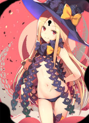 Rule 34 | 1girl, abigail williams (fate), abigail williams (second ascension) (fate), armpits, arms behind back, bare arms, bare shoulders, black bow, black panties, blonde hair, blush, bow, closed mouth, cowboy shot, debris, facial mark, fate/grand order, fate (series), flat chest, forehead mark, gluteal fold, hat, hat bow, head tilt, hinooka shuuji, holding, holding stuffed toy, long hair, looking at viewer, navel, orange bow, panties, parted bangs, pink panties, polka dot, polka dot bow, red eyes, revealing clothes, smile, solo, standing, stomach, stuffed animal, stuffed toy, teddy bear, tentacles, thigh gap, underwear, very long hair