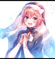 Rule 34 | 1girl, aicedrop, alternate costume, blue eyes, bow, brown hair, doki doki literature club, habit, hair bow, letterboxed, looking at viewer, nun, open mouth, own hands clasped, own hands together, pink hair, red bow, ribbon, sayori (doki doki literature club), short hair, smile, solo