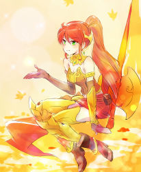 Rule 34 | 1girl, armlet, belt pouch, boots, breasts, circlet, cleavage, elbow gloves, full body, gloves, gorget, green eyes, highres, iesupa, leg armor, ponytail, pouch, pyrrha nikos, red hair, rwby, shield, skirt, smile, solo, weapon