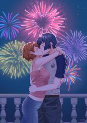 Rule 34 | 1boy, 1girl, absurdres, aerial fireworks, arms around neck, bare shoulders, belt, blue hair, blue pants, blush, breasts, brown hair, camisole, closed eyes, commission, couple, cowboy shot, denim, facing another, fireworks, from side, hands on another&#039;s back, headphones, headphones around neck, heart, hetero, highres, hug, jeans, kiss, medium breasts, midriff peek, night, night sky, official alternate costume, outdoors, pants, persona, persona 3, pink camisole, profile, shirt, short hair, short sleeves, signature, sky, spaghetti strap, star (sky), starry sky, takeba yukari, yura s arts, yuuki makoto (persona 3)