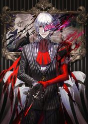 Rule 34 | 2boys, antonio salieri (fate), antonio salieri (first ascension) (fate), antonio salieri (second ascension) (fate), ascot, blonde hair, blood, bloody knife, fate/grand order, fate (series), formal, highres, jewelry, kanashiki, knife, long hair, looking at viewer, mask, multiple boys, necklace, painting (object), pinstripe pattern, pinstripe suit, pixiv fate/grand order contest 2, red eyes, striped, suit, very long hair, wallpaper (object), white hair, wolfgang amadeus mozart (fate)