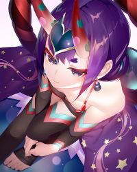 Rule 34 | 1girl, black thighhighs, chinese clothes, closed mouth, detached sleeves, dudou, earrings, fate/grand order, fate (series), feet, flat chest, from above, headpiece, highres, horns, jewelry, knee up, machimura komori, no shoes, purple eyes, purple hair, short hair, shuten douji (fate), shuten douji (fate/grand order), shuten douji (halloween caster) (fate), simple background, sitting, skin-covered horns, smile, solo, star (symbol), star print, thick eyebrows, thighhighs, toeless legwear, toes, white background