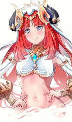 Rule 34 | 1girl, armlet, bad id, bad twitter id, blue eyes, blush, bracelet, breasts, brooch, commentary, genshin impact, hair ornament, hands on own hips, harem outfit, highres, horns, jewelry, long hair, long sleeves, looking at viewer, medium breasts, neck ring, nilou (genshin impact), puffy long sleeves, puffy sleeves, red hair, sidelocks, smile, solo, thighs, uenoryoma, veil