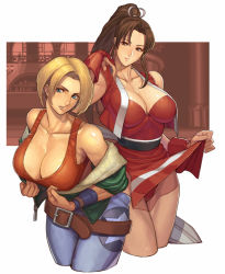 Rule 34 | 2girls, bad id, bad pixiv id, bare shoulders, belt, belt skirt, blonde hair, blue mary, breasts, brown eyes, brown hair, cleavage, clothes lift, cropped legs, denim, fatal fury, female focus, ibanen, jacket, jeans, large breasts, leaning forward, long hair, matching hair/eyes, multiple girls, ninja, pants, pelvic curtain, ponytail, shiranui mai, short hair, skirt, skirt lift, snk, tank top, the king of fighters