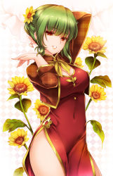 Rule 34 | 1girl, alternate costume, alternate hairstyle, arms up, blush, bow, breasts, china dress, chinese clothes, cleavage, covered navel, dress, flower, green hair, hair bun, hair flower, hair ornament, highres, kazami yuuka, large breasts, long sleeves, looking at viewer, monety, red dress, red eyes, short hair, single hair bun, smile, solo, sunflower, touhou, turtleneck, unmoving pattern