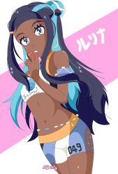 Rule 34 | 1girl, absurdres, arm behind back, armlet, armpits, artist name, bare shoulders, belly chain, black hair, blue eyes, blue shorts, breasts, collarbone, creatures (company), crop top, dark-skinned female, dark skin, earrings, expressionless, eyelashes, female focus, fingernails, game freak, gen 8 pokemon, gym leader, hair bun, hair ornament, hand up, highres, holding, holding poke ball, hoop earrings, japanese text, jewelry, legs, long hair, looking at viewer, medium breasts, midriff, multicolored clothes, multicolored hair, multicolored shorts, navel, neck, nessa (pokemon), nintendo, parted lips, poke ball, pokemon, pokemon swsh, print shirt, sandals, shiny skin, shirt, short shorts, shorts, sidelocks, single hair bun, skin tight, sleeveless, sleeveless shirt, standing, streaked hair, thighs, thighs together, tight clothes, tight shirt, toenails, toes, two-tone background, two-tone hair, viper3n3n3 (cristy)
