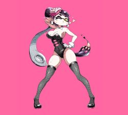 Rule 34 | 1girl, ;), armpits, ass, breasts, callie (splatoon), curvy, earrings, fishnets, full body, gloves, hair ornament, hair ribbon, hand on own hip, heart, hip focus, jewelry, large breasts, leotard, long legs, mole, mole under eye, nintendo, one eye closed, pink background, ribbon, sideboob, smile, splatoon (series), standing, sweat, tentacle hair, thick thighs, thighhighs, thighs, wet, white gloves, wide hips, wink, yuta agc