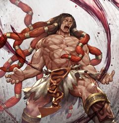Rule 34 | 1boy, abs, biceps, brown hair, bulge, claw pose, cross scar, feet out of frame, fighting stance, floating hair, gradient hair, large pectorals, long hair, male focus, mature male, multicolored hair, muscular, muscular male, navel, necalli, nipples, pectorals, red hair, roaring, scar, scar on chest, topless male, solo, stomach, street fighter, street fighter v, thighs, torn clothes, zoo (oukakumaku)