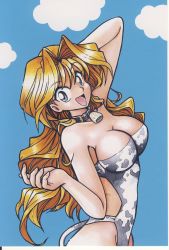 Rule 34 | 1girl, absurdres, animal print, bare arms, bare shoulders, bell, blonde hair, blue eyes, breasts, christine garland, cleavage, cloud, cow girl, cow print, cow tail, cowbell, cowboy shot, highleg, highleg leotard, highres, large breasts, leotard, long hair, official art, open mouth, print leotard, smile, solo, strapless, strapless leotard, super real mahjong, tail