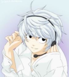 Rule 34 | 00s, artist request, black eyes, death note, headphones, headset, male focus, microphone, near (death note), open clothes, open shirt, shirt, silver hair, smile, solo