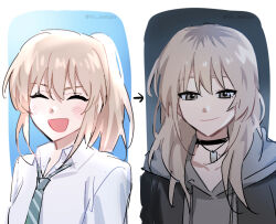Rule 34 | 1girl, age progression, black choker, black jacket, blonde hair, choker, closed eyes, closed mouth, collared shirt, commentary request, day, drawstring, girls band cry, green necktie, grey eyes, grey hoodie, hood, hoodie, jacket, jewelry, kawaragi momoka, korean commentary, laughing, lily aehoga, long hair, looking at viewer, multicolored hair, necklace, necktie, night, open mouth, ponytail, roots (hair), shirt, smile, twitter username, white shirt