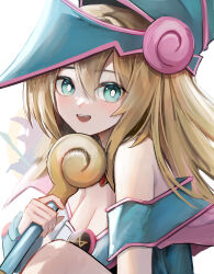 Rule 34 | 1girl, :d, absurdres, artist name, bare shoulders, blonde hair, blue dress, breasts, bright pupils, cleavage, commentary, dark magician girl, dress, duel monster, green eyes, hat, highres, holding, holding staff, long hair, looking at viewer, medium breasts, off-shoulder dress, off shoulder, open mouth, simple background, smile, solo, staff, upper body, wawamachi (wawamachis), white background, white pupils, witch, witch hat, yu-gi-oh!