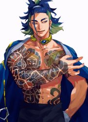 Rule 34 | 1boy, abs, adaman (pokemon), arm tattoo, black pants, blue coat, blue hair, brown eyes, chest tattoo, coat, coat on shoulders, collar, collarbone, commentary request, creatures (company), earrings, eyebrow cut, game freak, green hair, hand in pocket, highres, jewelry, lower teeth only, male focus, navel, neck ring, nintendo, open mouth, opnune, pants, pectorals, pokemon, pokemon legends: arceus, sideways glance, smile, solo, tattoo, teeth, white background