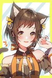 1girl animal_ear_fluff animal_ears bang_dream! bare_shoulders blush border bow breasts brown_eyes brown_hair brown_sleeves cat_ears cat_girl cat_tail character_request check_character detached_sleeves hand_up hazawa_tsugumi kemonomimi_mode looking_at_viewer mizukikushou orange_bow puffy_short_sleeves puffy_sleeves short_hair short_sleeves small_breasts smile solo tail upper_body wrist_cuffs yellow_border