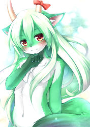 Rule 34 | 1girl, animal ears, blush, blush stickers, bow, breasts, clenched hand, creature, ex-keine, fang, furrification, furry, furry female, horn bow, horn ornament, horns, hug, jpeg artifacts, kagerofu, kamishirasawa keine, light smile, long hair, looking at viewer, multicolored hair, navel, nude, open mouth, red eyes, ribbon, shadow, small breasts, solo, sukusuku hakutaku, tail, touhou