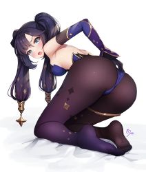 Rule 34 | 1girl, :o, ankkoyom, armpits, ass, bare shoulders, bent over, black gloves, black hair, blue eyes, breasts, brown pantyhose, detached sleeves, feet, from behind, genshin impact, gloves, gold trim, hair ornament, highres, kneeling, leotard, long hair, long sleeves, looking at viewer, looking back, medium breasts, mona (genshin impact), no shoes, open mouth, pantyhose, purple leotard, simple background, solo, strapless, strapless leotard, thighlet, v-shaped eyebrows, white background