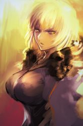Rule 34 | 1girl, black dress, blonde hair, breasts, commentary request, dress, fate/grand order, fate (series), fur collar, fur trim, highres, hometa, jeanne d&#039;arc (fate), jeanne d&#039;arc alter (avenger) (fate), jeanne d&#039;arc alter (fate), large breasts, looking at viewer, short hair, solo, yellow eyes