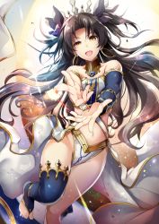 Rule 34 | 1girl, :d, bandeau, black hair, breasts, brown eyes, earrings, fate/grand order, fate (series), floating hair, foreshortening, hair ornament, highleg, hirai yuzuki, hoop earrings, ishtar (fate), jewelry, knee up, long hair, medium breasts, navel, open mouth, parted bangs, smile, solo, thighs, tohsaka rin, two side up, wavy hair