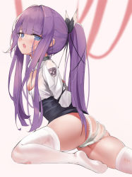Rule 34 | 1girl, absurdres, ass, azur lane, blue eyes, blush, bound, bound arms, breasts, chain, cleavage, collar, hair ribbon, highres, l.j., long hair, looking at viewer, medium breasts, open mouth, panties, ponytail, purple hair, ribbon, shirt, solo, suspenders, tashkent (the bound cruiser) (azur lane), thighhighs, thighs, underwear, white panties, white shirt, white thighhighs