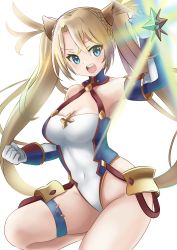 Rule 34 | 1girl, armor, bad id, bad pixiv id, bare shoulders, blonde hair, blue eyes, blush, bradamante (fate), bradamante (first ascension) (fate), braid, breasts, cleavage, crown braid, elbow gloves, energy barrier, energy shield, fate/grand order, fate (series), faulds, gloves, hair between eyes, highleg, highleg leotard, highres, large breasts, leotard, long hair, looking at viewer, manjirou (manji illust), open mouth, simple background, solo, thigh strap, thighs, twintails, very long hair, white background