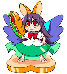 Rule 34 | 1girl, adapted costume, alternate hair color, alternate weapon, animal ears, aqua cape, blush stickers, bread, cape, cheese, chibi, collared shirt, commentary request, craig of the creek, eating, food, frilled sleeves, frills, full body, green skirt, grey footwear, hair between eyes, highres, long hair, looking at viewer, lower teeth only, mixed-language commentary, puffy short sleeves, puffy sleeves, purple hair, red eyes, reiuji utsuho, ryuu (multitask), sandwich, shirt, short sleeves, simple background, skirt, solo, submarine sandwich, teeth, tomato, touhou, upper teeth only, v-shaped eyebrows, very long hair, weapon, white background, white legwear, white shirt, wings