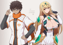 Rule 34 | 1boy, 1girl, bare shoulders, breasts, brown eyes, chest jewel, cleavage, cleavage cutout, clothing cutout, covered navel, cowboy shot, dark-skinned male, dark skin, dress, elbow gloves, gloves, highres, large breasts, long hair, mythra (xenoblade), orange scarf, ponponmaru, scarf, short dress, swept bangs, taion (xenoblade), tan background, tiara, trait connection, very long hair, white dress, white gloves, xenoblade chronicles (series), xenoblade chronicles 2, xenoblade chronicles 3, yellow eyes