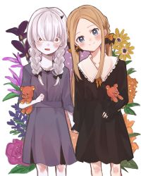 Rule 34 | 2girls, abigail williams (fate), black dress, blonde hair, blue eyes, blush, braid, breasts, draw happy set, dress, fate/grand order, fate (series), flower, forehead, grey dress, highres, holding hands, horns, lavinia whateley (fate), long hair, long sleeves, looking at viewer, multiple girls, open mouth, parted bangs, purple eyes, single horn, small breasts, smile, stuffed animal, stuffed toy, teddy bear, thighs, twin braids, twintails, white hair, wide-eyed