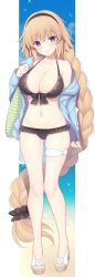 Rule 34 | 1girl, absurdly long hair, absurdres, bag, bare shoulders, bikini, black bikini, blonde hair, blue jacket, blush, braid, breasts, cleavage, collarbone, commentary request, fate/grand order, fate (series), front-tie bikini top, front-tie top, full body, gluteal fold, groin, hair ornament, hair scrunchie, hairband, halterneck, highres, jacket, jeanne d&#039;arc (fate), jeanne d&#039;arc (ruler) (fate), jeanne d&#039;arc (swimsuit archer) (fate), jeanne d&#039;arc (swimsuit archer) (first ascension) (fate), large breasts, long hair, long sleeves, looking at viewer, miko (royal milk), navel, off shoulder, open clothes, open jacket, purple eyes, sandals, scrunchie, shoulder bag, single braid, skindentation, smile, solo, swimsuit, thighs, very long hair