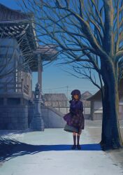 Rule 34 | 1girl, architecture, black socks, blue sailor collar, blue shirt, bocchi the rock!, braid, brown footwear, building, closed mouth, commentary, day, east asian architecture, grey skirt, highres, hime cut, hiroi kikuri, house, kneehighs, loafers, long hair, long sleeves, looking at viewer, lowlifescore, neckerchief, outdoors, pleated skirt, power lines, puffy sleeves, purple neckerchief, sailor collar, scenery, school uniform, serafuku, shadow, shirt, shoes, skirt, socks, solo, twin braids, utility pole, wide shot, winter