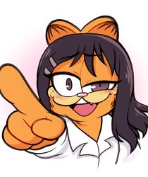 Rule 34 | 1girl, :3, animal ears, blouse, blush, body fur, brown eyes, brown hair, cat ears, cat girl, collared shirt, commentary, cosplay, english commentary, eyelashes, fang, garfield, garfield (character), hair ornament, hairclip, half-closed eyes, ijiranaide nagatoro-san, laughing, long hair, looking at viewer, makeup, mascara, moozua, nagatoro hayase, nagatoro hayase (cosplay), open mouth, orange fur, pointing, pointing at viewer, shirt, simple background, smile, smug, solo, teeth, upper body, upper teeth only, white shirt