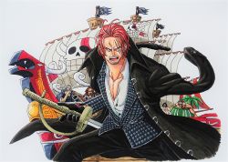 Rule 34 | 5boys, absurdres, artist request, benn beckman, black cape, cape, eating, facial hair, fighting stance, food, formal, highres, holding, holding food, holding sword, holding weapon, jolly roger, limejuice (one piece), looking at viewer, lucky roux, multiple boys, muscular, official alternate costume, one piece, pectorals, pirate, pirate ship, red hair, red hair pirates, scan, scar, scar across eye, scar on face, shanks (one piece), shirt, short hair, simple background, sword, weapon, white shirt, yasopp
