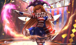 Rule 34 | 1girl, absurdres, alternate hair color, american flag dress, american flag legwear, arms up, artist name, breasts, circus, closed mouth, clownpiece, confetti, dress, eyes visible through hair, fire, floor, frills, gloves, hair between eyes, hands up, hat, highres, holding, holding torch, jester cap, light, long hair, looking at viewer, medium breasts, neck ruff, orange hair, pantyhose, polka dot, puffy short sleeves, puffy sleeves, purple hat, red eyes, short sleeves, smile, solo, standing, star (symbol), star print, striped clothes, striped dress, striped pantyhose, top-exerou, torch, touhou, wall, white gloves, wrist cuffs