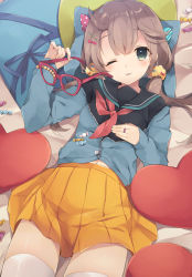 Rule 34 | 1girl, ;p, animal hood, bed sheet, bow, breasts, brown hair, candy, cat hood, closed mouth, cowboy shot, enomoto hina, unworn eyewear, food, glasses, grey eyes, hair between eyes, hair bow, hair flaps, hair ornament, hair scrunchie, hand on own chest, heart, holding, holding removed eyewear, hood, hoodie, jewelry, long hair, long sleeves, looking at viewer, low twintails, lying, neckerchief, on back, one eye closed, original, pillow, pleated skirt, red-framed eyewear, red bow, red neckerchief, removing eyewear, ring, school uniform, scrunchie, serafuku, skirt, small breasts, smile, solo, thighhighs, thighs, tongue, tongue out, twintails, white thighhighs, x hair ornament, yellow skirt