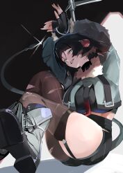 1girl absurdres animal_ears arms_up belt black_gloves black_hair black_shirt black_shorts blush boots breasts brown_pantyhose cuffs fingerless_gloves fur-trimmed_jacket fur_trim gloves grey_eyes grey_jacket grin handcuffs high-waist_shorts highres jacket jane_doe_(zenless_zone_zero) kasumi_saika large_breasts long_hair long_sleeves looking_at_viewer mouse_ears mouse_girl mouse_tail necktie pantyhose revision shirt shorts single_leg_pantyhose smile solo tail torn_clothes torn_pantyhose zenless_zone_zero