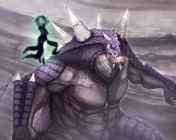 Rule 34 | 1girl, ancient king, blurry, depth of field, floating, giant, glowing, green hair, highres, kaijuu, kikimifukuri, lizard, looking at another, monster, one-punch man, size difference, solo focus, spikes, tatsumaki, teeth