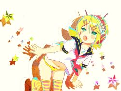 Rule 34 | 1girl, blonde hair, green eyes, hair ornament, hairclip, headphones, kagamine rin, keishi, no pants, open mouth, panties, short hair, solo, striped clothes, striped thighhighs, thighhighs, underwear, vocaloid