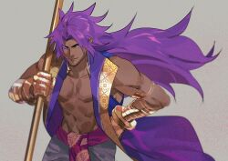 Rule 34 | 1boy, bare shoulders, bhima (fate), closed mouth, fate/grand order, fate (series), floating hair, gauntlets, gold trim, grey background, hand on own hip, highres, holding, holding polearm, holding weapon, koroponsu3, long hair, looking away, male focus, muscular, muscular male, polearm, purple eyes, purple hair, purple vest, simple background, smile, solo, spear, very long hair, vest, weapon