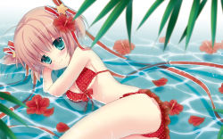 Rule 34 | 1girl, ahoge, ass, bad id, bad pixiv id, bikini, bikini skirt, blonde hair, blush, flower, front-tie bikini top, front-tie top, green eyes, hair flower, hair ornament, hair ribbon, hibiscus, highres, kamikita komari, little busters!, looking at viewer, lying, mana (10221125), on side, partially submerged, polka dot, polka dot bikini, polka dot swimsuit, red bikini, ribbon, shallow water, short hair, smile, solo, swimsuit, water