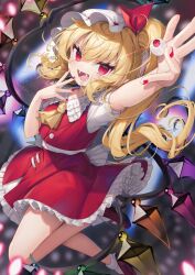 Rule 34 | 1girl, ascot, blonde hair, blush, collared shirt, crystal, fangs, fingernails, flandre scarlet, gunjou row, hat, highres, long hair, mob cap, nail polish, one side up, open mouth, red eyes, red footwear, red nails, red skirt, red vest, shirt, shoes, short sleeves, skirt, smile, socks, solo, touhou, vest, white hat, white shirt, white socks, wings, yellow ascot