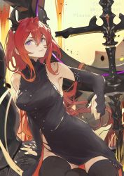 Rule 34 | 1girl, alternate costume, arknights, black dress, black thighhighs, blue eyes, breasts, closed mouth, commission, dress, elbow gloves, fadingz, gloves, hair between eyes, highres, horns, huge weapon, large breasts, long hair, looking at viewer, lava, partially fingerless gloves, pelvic curtain, red hair, sideboob, signature, sitting, sleeveless, sleeveless dress, smile, solo, surtr (arknights), sword, thighhighs, very long hair, weapon