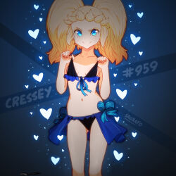 Rule 34 | 1girl, bikini, blonde hair, blue eyes, borrowed character, cressey (porforever), english text, long hair, original, solo, srgrafo, swimsuit, twintails