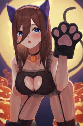 Rule 34 | 1girl, absurdres, all fours, animal ear fluff, animal ears, animal hands, bare shoulders, black bra, black choker, black gloves, black thighhighs, blue eyes, blush, bra, breasts, brown hair, cat ears, cat lingerie, cat tail, choker, cleavage, clothing cutout, collarbone, commentary, eyebrows hidden by hair, eyelashes, fake animal ears, fake tail, frilled bra, frills, full moon, garter straps, gloves, gluteal fold, go-toubun no hanayome, hair over one eye, halloween, hand up, heart cutout, highres, hiyoku, large breasts, long hair, looking at viewer, meme attire, moon, nakano miku, open mouth, paw gloves, pumpkin, simple background, skindentation, solo, straight hair, tail, thighhighs, thighs, underwear