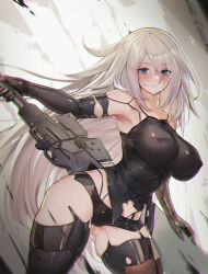 Rule 34 | 1girl, a2 (nier:automata), bare shoulders, black camisole, black gloves, black panties, black thighhighs, blue eyes, blush, breasts, camisole, elbow gloves, gloves, goddess of victory: nikke, greatsword, highres, joints, large breasts, long hair, looking at viewer, mole, mole under mouth, nier:automata, nier (series), panties, robot joints, solo, sword, thighhighs, thighs, underwear, ura illust, weapon, white hair